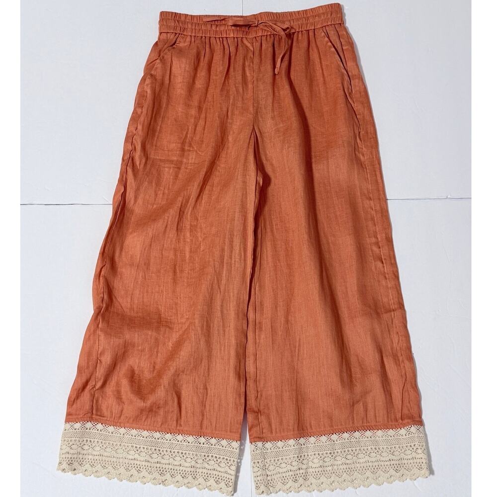 Lintico 100% Linen Pull-On Wide Leg Cropped Pants, Peachy Orange, Size M